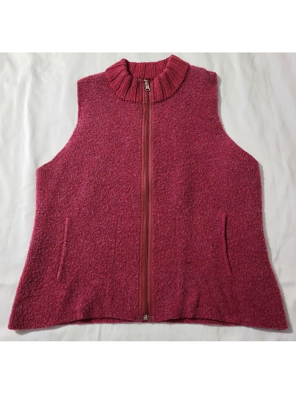 Margaret O'Leary Vest L Merino Wool Full Zip Burgundy Boucle Knit Made USA